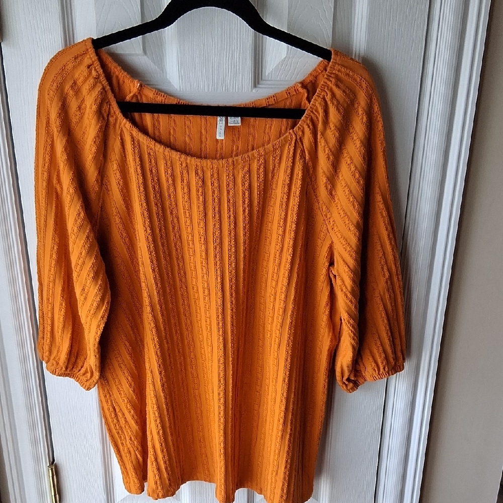 Cato Textured Orange Peasant Blouse Cotton Blend Wear On Or Off Shoulder 18W/20W